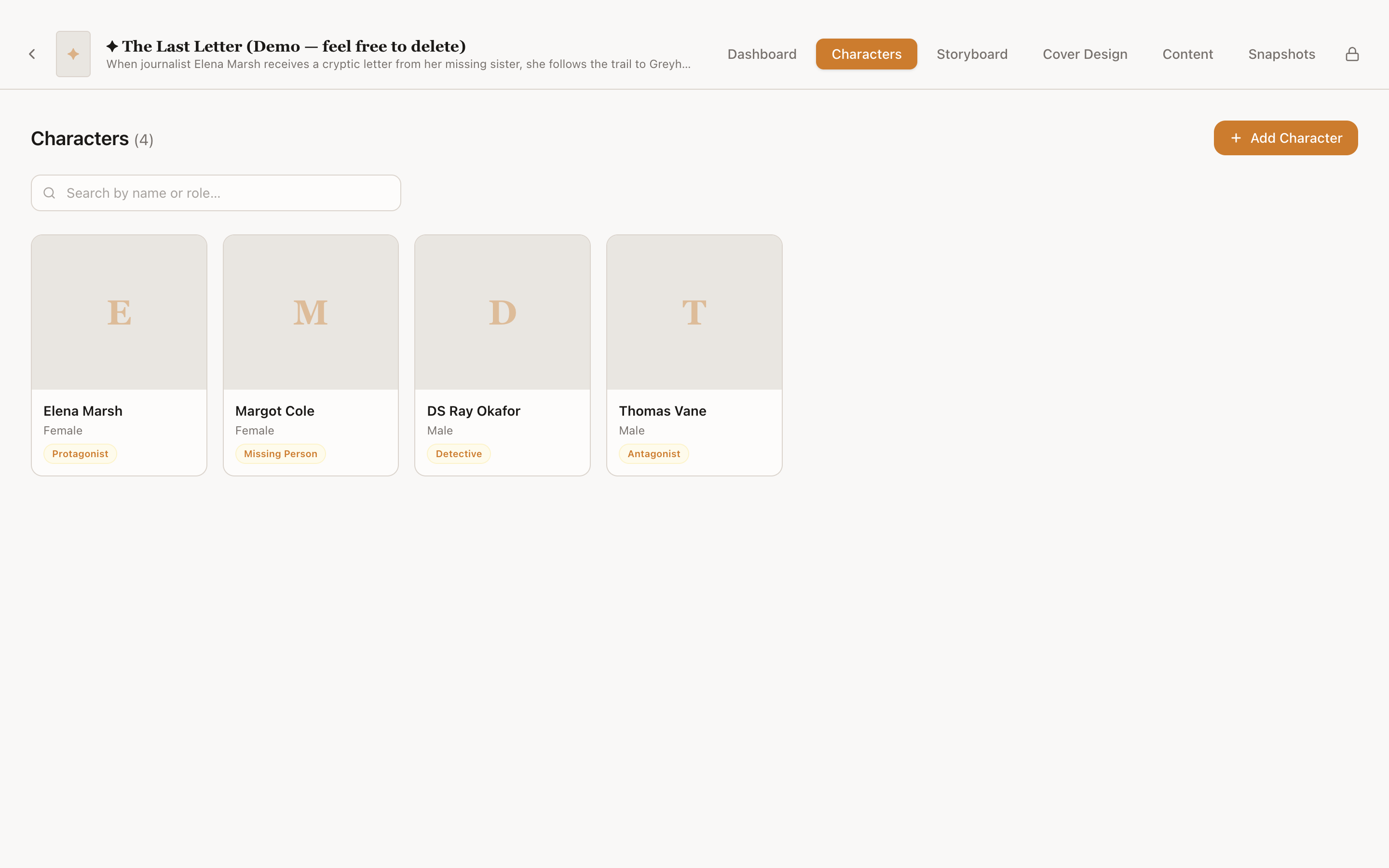Lekhanam characters tab showing character cards with roles and story function