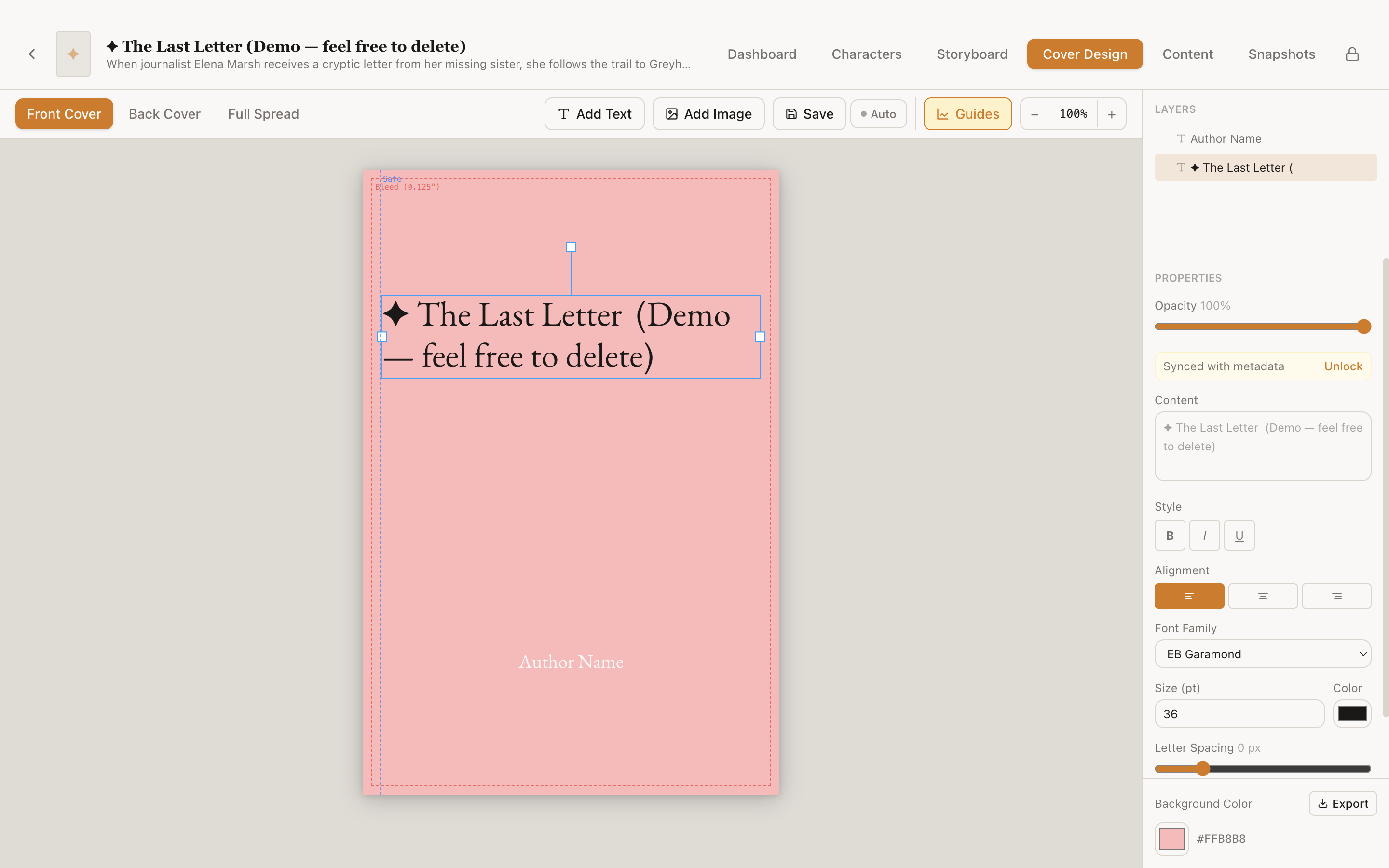 Lekhanam cover designer with front cover canvas, text layers, and properties panel