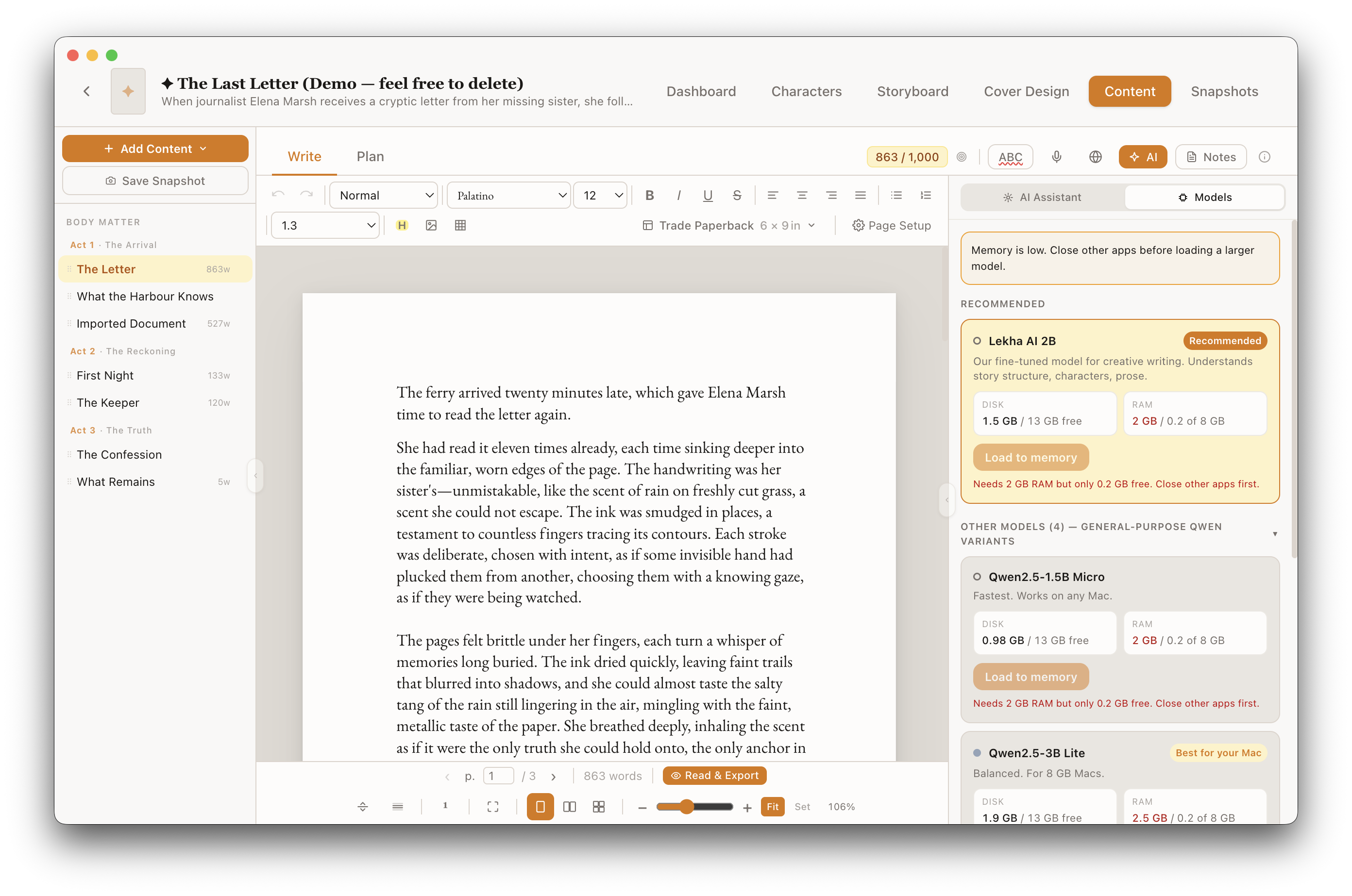 Lekhanam unified AI model catalog showing Lekha AI 2B plus Qwen 2.5 Micro/Lite/Standard with RAM indicator