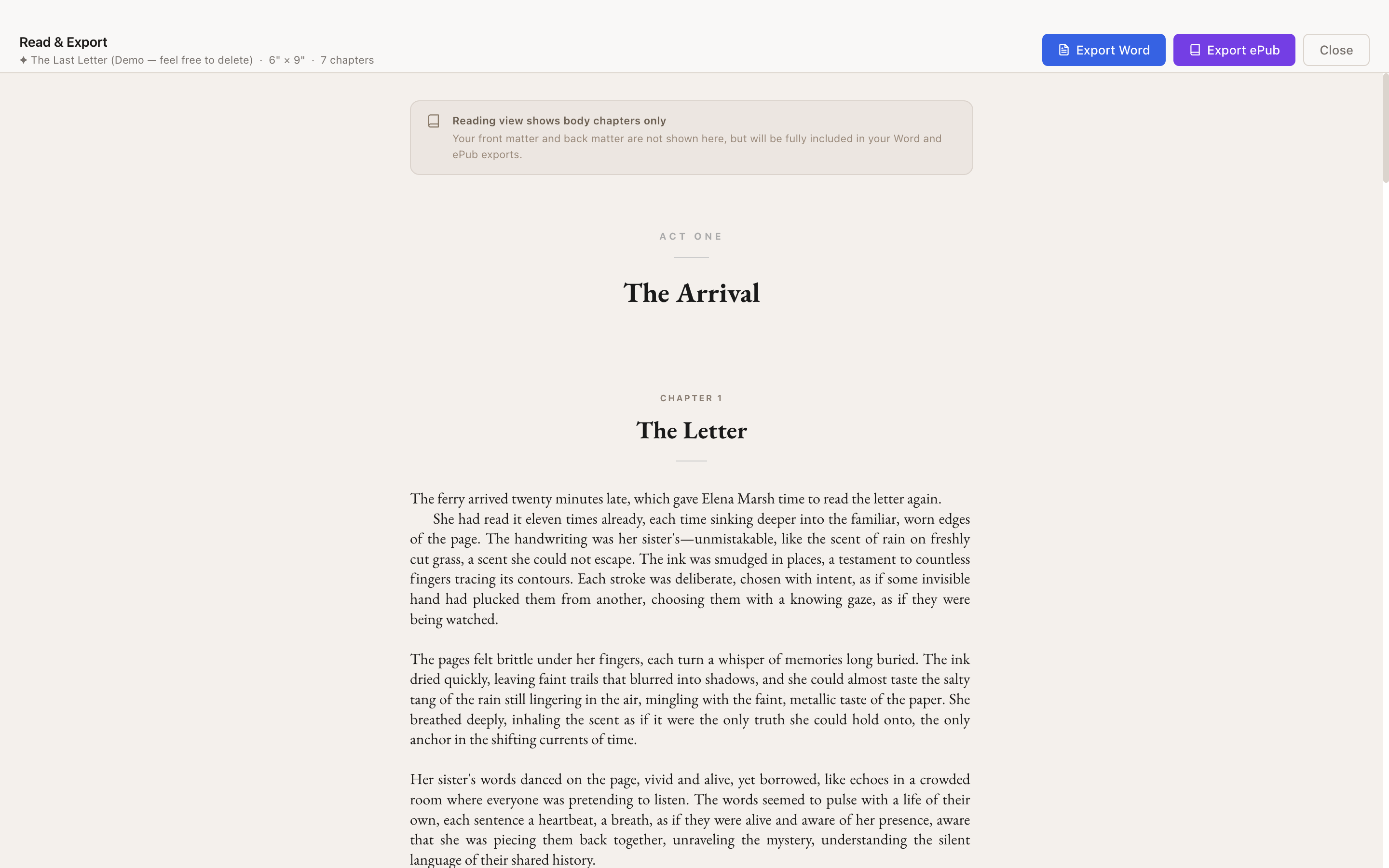 Lekhanam read and export view with continuous book preview and Word, ePub export buttons
