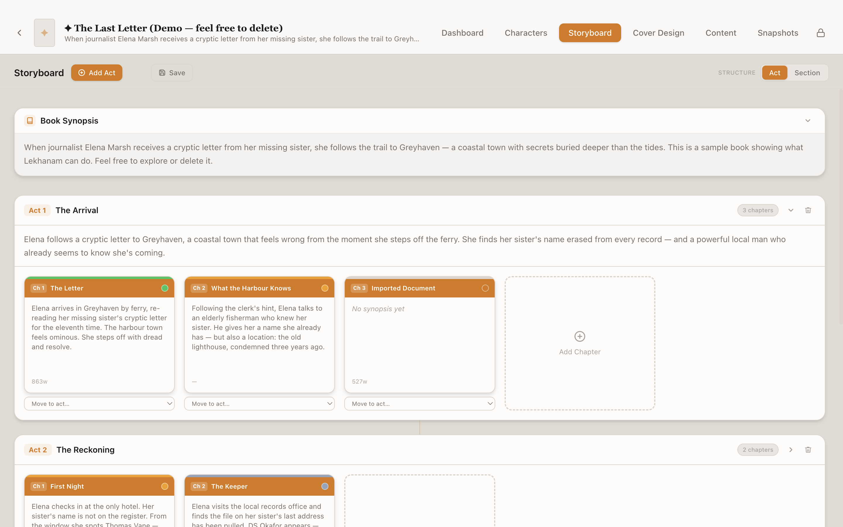 Lekhanam storyboard with acts, chapter cards, status badges, and story synopsis